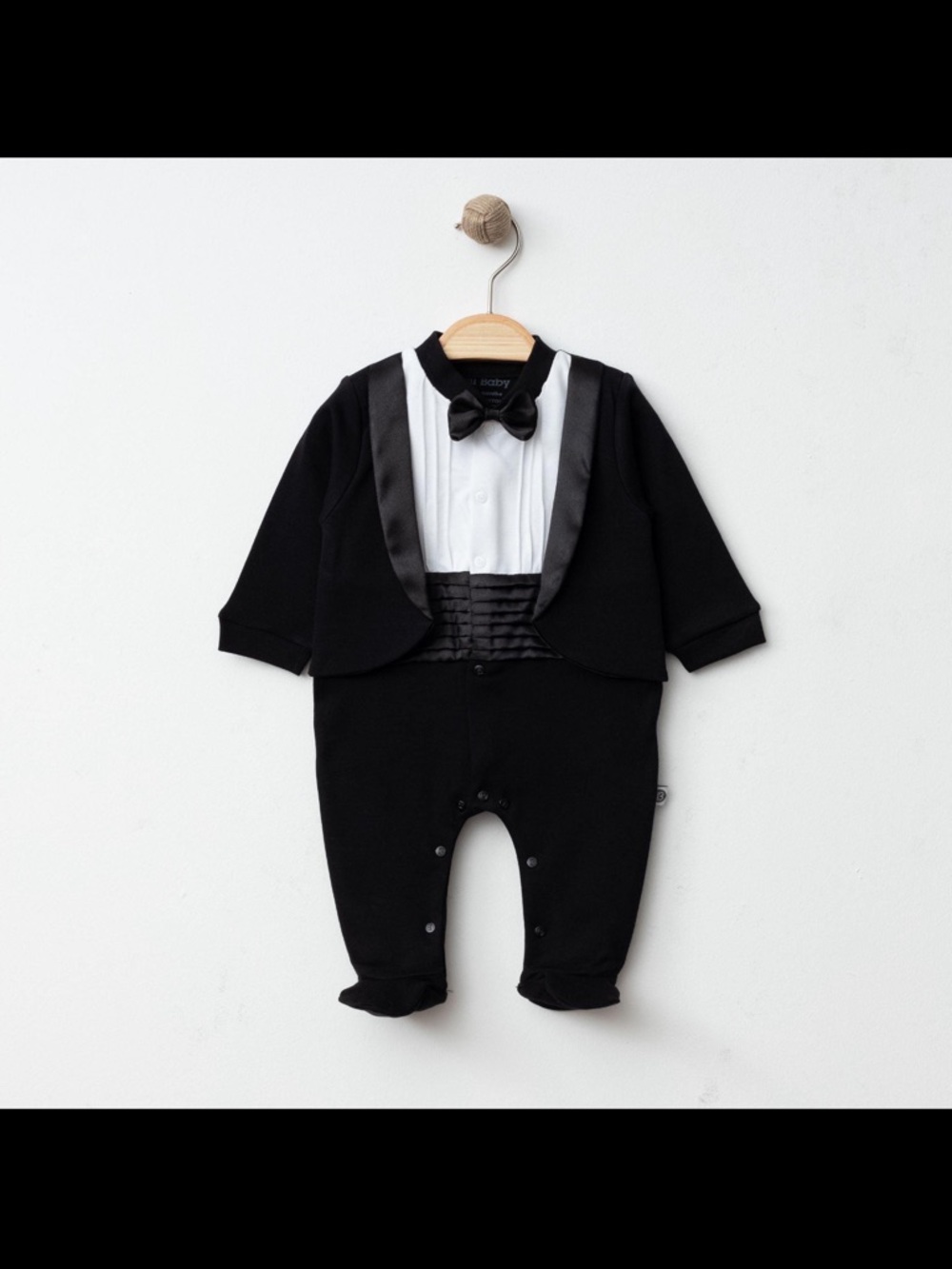 Infant Black Tuxedo Footie with Satin Bow